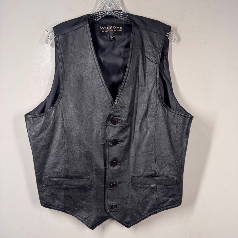 Wilsons The Leather Experts Vintage Mens Black Leather Moto Rugged Vest XL M6420